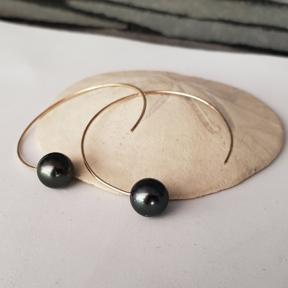 Tahitian pearl hoops earrings gold filled silver - Picture 3 of 3